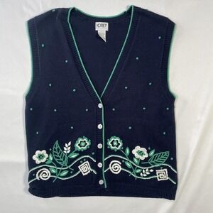 Koret Sweater Vest Womens Petite Small Blue Floral Embroidered Button Knit